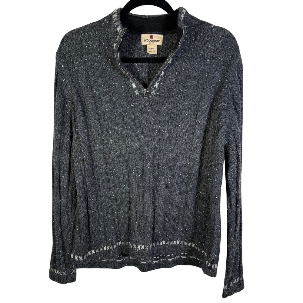 Woolrich Womens Onyx Heather Gray Ribbed Knit Quarter Zip Wool Blend Sweater L